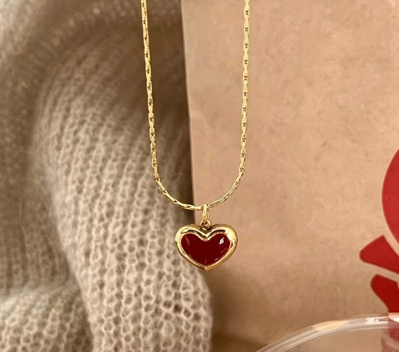Gold Red Heart Necklace